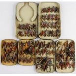 3x various Malloch Perth Black Japanned clip fly tins - containing 65x gut eyed salmon flies incl