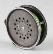 Hardy Bros The Perfect post war alloy trout fly reel - 3 5/8" dia, ribbed brass foot c/w line -