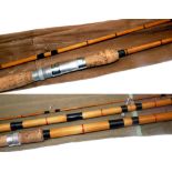 Coarse Rods (2): Good unnamed 8' 2 piece split cane spinning rod, black space whipped guides, red