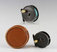 2x Malloch Perth alloy trout fly reels - 3.5" narrow drum with bronzed brass foot; and 3" narrow