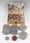 Bob Church wooden fly reservoir and various alloy fly and cast tins et al - 3x swing leaf wooden fly