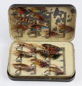 Fine P.D Malloch, Perth Pat black japanned salmon fly tin with gut eyed flies - twin swing leaf clip