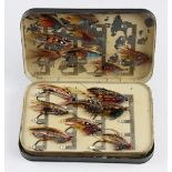 Fine P.D Malloch, Perth Pat black japanned salmon fly tin with gut eyed flies - twin swing leaf clip