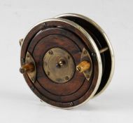 Rare Heaton's Wooden centre pin casting reel - 4" dia with nickel silver rims, smooth brass foot one