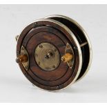 Rare Heaton's Wooden centre pin casting reel - 4" dia with nickel silver rims, smooth brass foot one