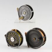 3x various early alloy trout fly reels - J S Sharpe Aberdeen 3 3/16" dia, brass guide line and foot;