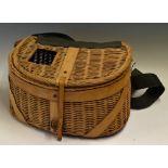 American Style Leather bound wicker creel - with square fish slot to lid c/w shoulder strap ( one