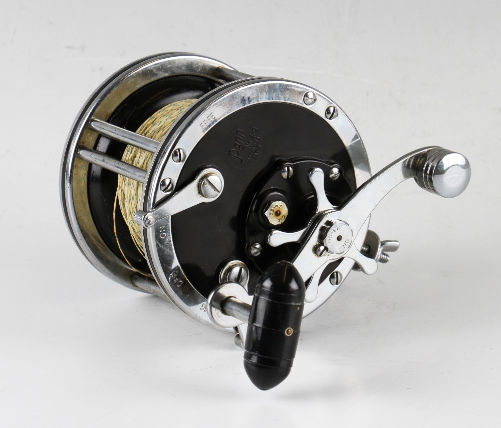 Penn No 49 Deep Sea Fishing Reel with a chrome plated frame, bakelite end plates bound by inner