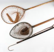 2x Long handled trout landing nets and Gaff (3): unusual and very early blacksmith made cast iron