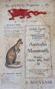 1908 Australian Wallabies v Monmouthshire Rugby Programme for 'Game that never was': to be played at