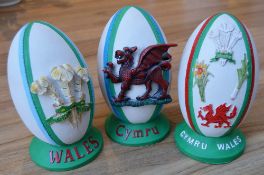 3x Welsh Decorated Ornamental Ceramic Rugby Balls: 7" tall rugby balls with welsh motifs, all