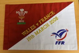 Rare 2008 Wales (Grand Slam) v France rugby international touch judge's flag: embroidered Wales v