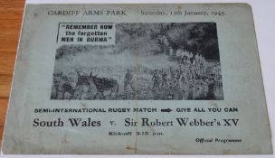 1945 South Wales v Sir Robert Webber's XV Rugby Programme: Flimsy and worn but entire and