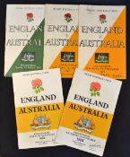 England v Australia Rugby Programme Selection: Five Twickenham issues from 1958, 1967, 1973, 1982