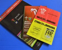 4x Wales v Romania rugby programmes 1979 - 2004: Issues for 1979, 97, 2002, 04. NB: Donated by Peter