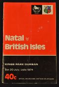 1974 British Lions in S Africa Rugby Programme: A5 sized issue for the game v Natal at Durban on