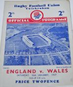 1937 England (Champions) v Wales Rugby Programme: 4pp standard Twickenham card effort for this