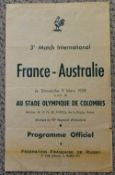 Scarce 1958 France v Australia Rugby Programme: A little frail, as must be all these France