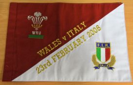 Rare 2008 Wales (Grand Slam) v Italy rugby international touch judge's flag: embroidered Wales v