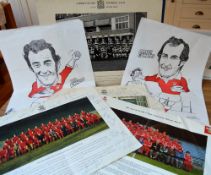 Portfolio of large pictures and cartoons of Welsh Rugby squads and stars, some hand signed (7):