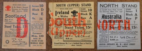 1950s International Rugby Tickets in Wales (3): Three large attractive old stand ticket stubs, a