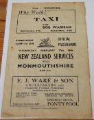 1946 Monmouthshire v NZ Kiwis Rugby Programme: Neat, if worn, issue for this Pontypool clash won