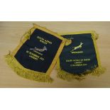 Two attractive, clean, as-new green/gold embroidered felt S African presentation match pennants: for