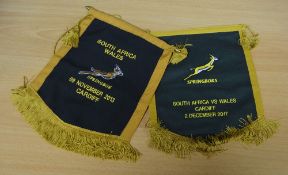 Two attractive, clean, as-new green/gold embroidered felt S African presentation match pennants: for