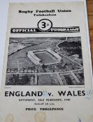 1946 Victory International England v Wales Rugby Programme: 3-0 win for Wales in this non-capped