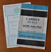 Cardiff Rugby v Tourists Programme Pair: v Italy and v South Africa, both in October 1960 and in