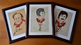 3x Welsh Rugby Stars Colour Caricatures: Three 16" x 12.5" framed and glazed very recognisable 70s