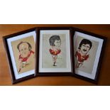 3x Welsh Rugby Stars Colour Caricatures: Three 16" x 12.5" framed and glazed very recognisable 70s