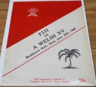 1969 Fiji v A Welsh XV Rugby Programme: Rarer issue from the Suva game won 31-11 by Wales. Large,