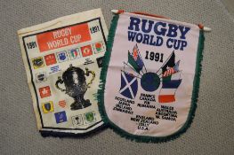 1991 Rugby World Cup Commemorative Pennants (2): Two different large colourful tasselled pennants