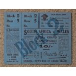 1931 Wales v South Africa Grand Stand ticket: Near mint to front, this blue 10/- ticket for this