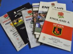 6x England A/U23 team programmes 1990-1997: v Spain 1993, Namibia 1990, New Zealand 1993, Italy A