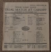 1945 WRU Trial Rugby Match Programme: Single flimsy post-war sheet with folds but remarkably good