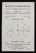 1945/1946 FA Cup match programme Bristol City v Swansea Town 5 January 1946, single sheet. Good.