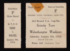 1954/1955 FA Cup match ticket Grimsby Town v Wolverhampton Wanderers 8 January 1955 at Blundell