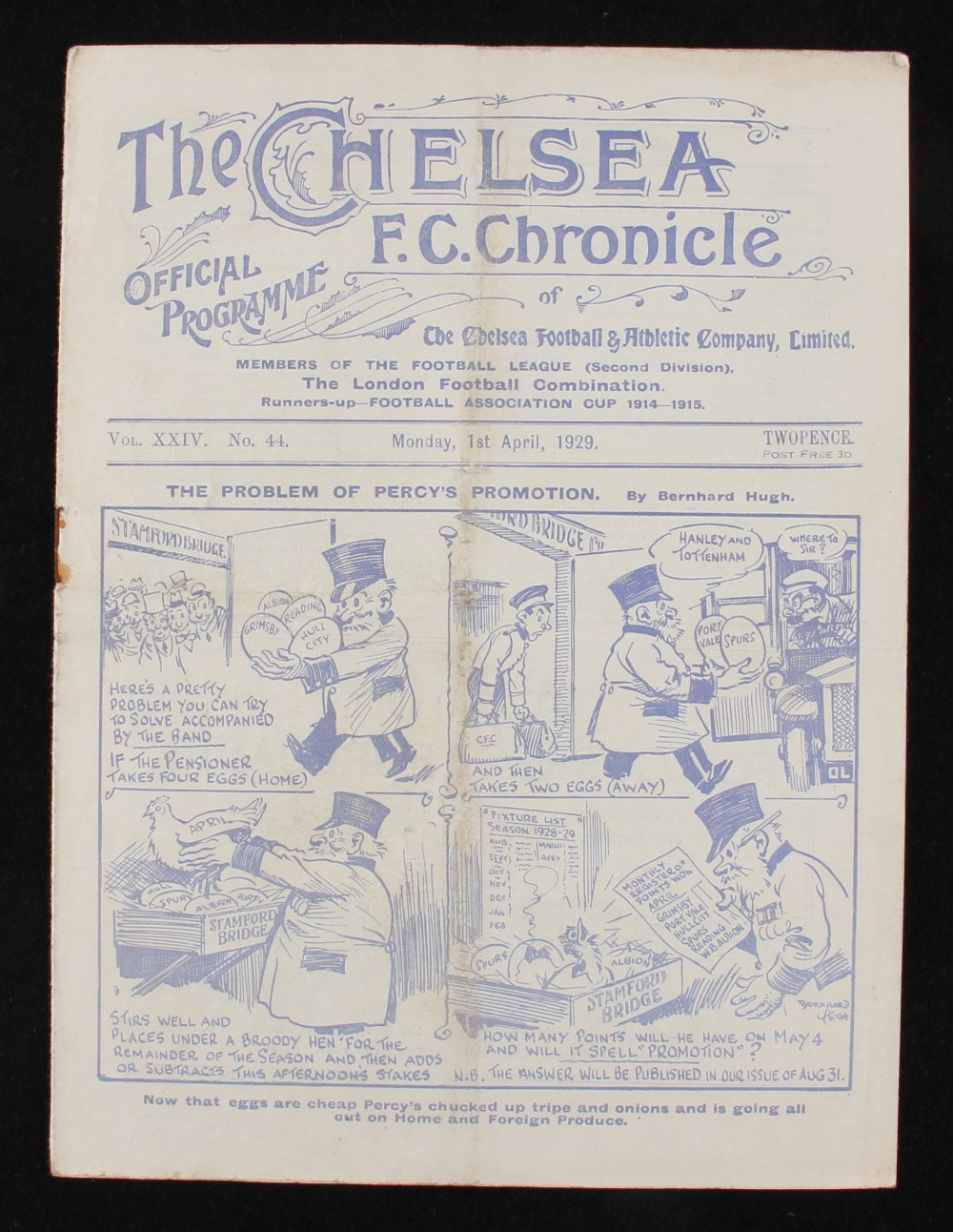 1928/1929 Chelsea v Grimsby Town match programme date 1st April 1929. Fair.