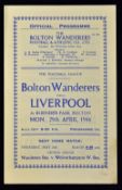 1945/1946 War League North match programme Bolton Wanderers v Liverpool 29 April 1946. Good.