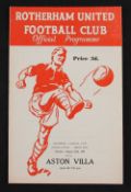 1961 Football League Cup Final 1st Leg match programme Rotherham Utd v Aston Villa 22 August 1961.