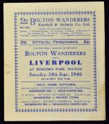 1946/1947 Bolton Wanderers v Liverpool football programme 14 September 1946, fold out type. Good.