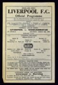 1945/1946 War League match Liverpool v Middlesbrough football programme 23 March 1946, single sheet.