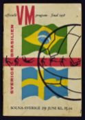World Cup Final 1958 Sweden v Brazil football programme 29 June 1958 match programme. Good.