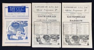 1946/1947 Gateshead home match programmes Barrow, Carlisle utd and away at Manchester City (FAC) (3)