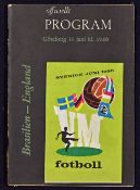 1958 World Cup Brazil v England match programme at Goteborg 11 June 1958 group match. Good.