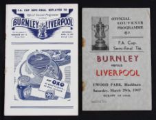 1946/1947 FA Cup semi-final match programmes Burnley v Liverpool at Blackburn plus replay at