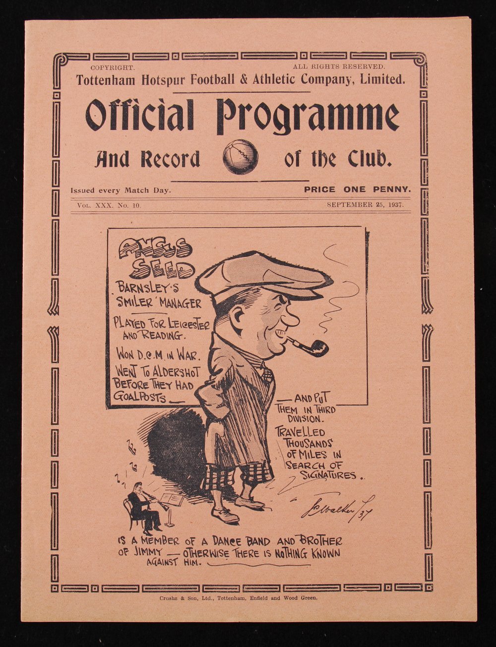 1937/1938 Tottenham Hotspur v Barnsley match programme 25 September 1937, Division 2, 4 pager.