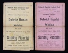 1929/1930 Dulwich Hamlet v Woking match programmes 1st teams 28 December 1929 and reserves 22